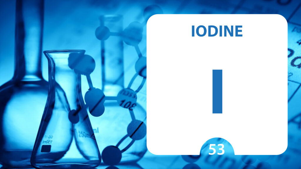 Iodine I, chemical element sign. 3D rendering isolated on white background. Iodine chemical 53 element for science experiments in classroom science camp